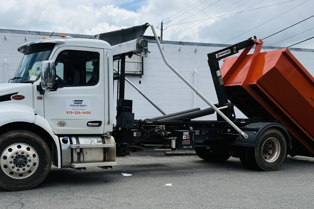 Waste On Wheels roll-off dumpster on a job in Angier, Harnett County, NC